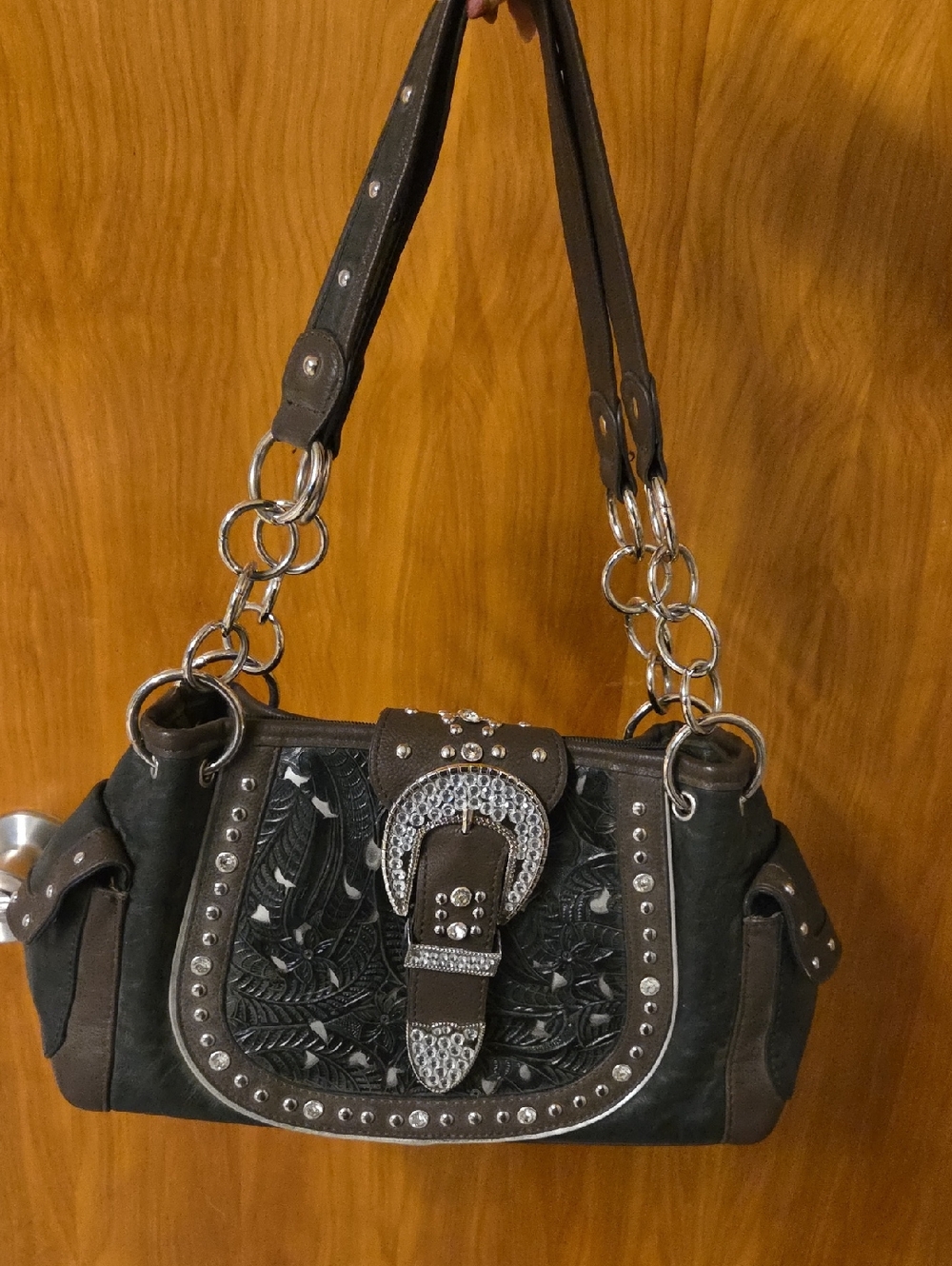 Black Embossed Floral Buckle Shoulder Bag with Stud Accents